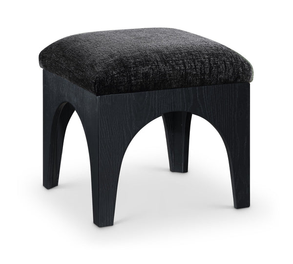 Meridian Furniture Lawson Square Chenille Ottoman Art Deco Accent with Oak Veneer Base for Living Rooms 22032Black