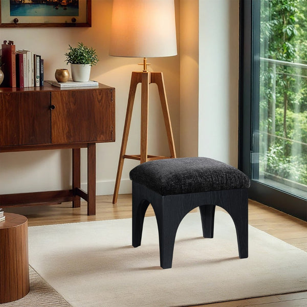 Meridian Furniture Lawson Square Chenille Ottoman Art Deco Accent with Oak Veneer Base for Living Rooms 22032Black