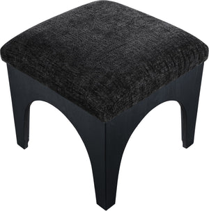 Meridian Furniture Lawson Square Chenille Ottoman Art Deco Accent with Oak Veneer Base for Living Rooms 22032Black