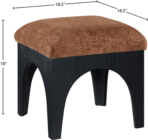 Meridian Furniture Lawson Chenille Upholstered Ottoman with Art Deco Oak Base for Living Room Accent 22032Cognac