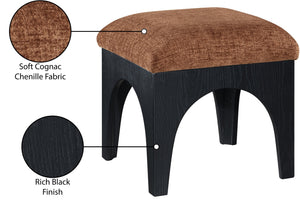 Meridian Furniture Lawson Chenille Upholstered Ottoman with Art Deco Oak Base for Living Room Accent 22032Cognac