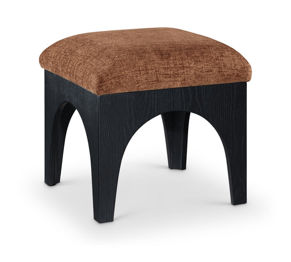 Meridian Furniture Lawson Chenille Upholstered Ottoman with Art Deco Oak Base for Living Room Accent 22032Cognac