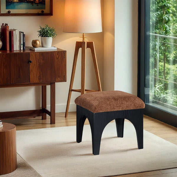 Meridian Furniture Lawson Chenille Upholstered Ottoman with Art Deco Oak Base for Living Room Accent 22032Cognac