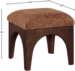 Meridian Furniture Lawson Art Deco Square Ottoman Cognac Chenille Upholstery with Oak Veneer Base 22033Cognac