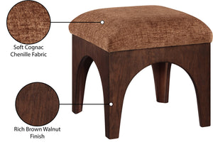 Meridian Furniture Lawson Art Deco Square Ottoman Cognac Chenille Upholstery with Oak Veneer Base 22033Cognac