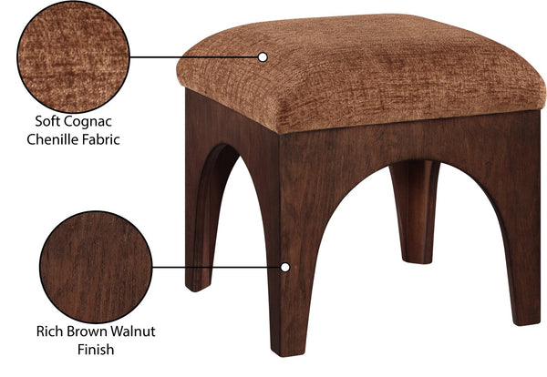 Meridian Furniture Lawson Art Deco Square Ottoman Cognac Chenille Upholstery with Oak Veneer Base 22033Cognac