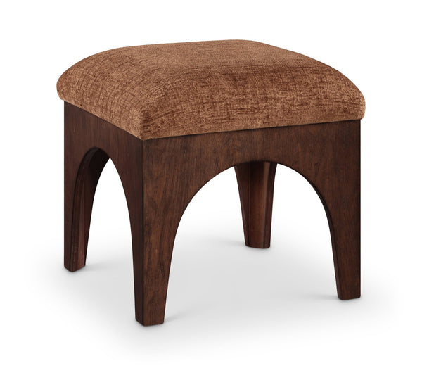 Meridian Furniture Lawson Art Deco Square Ottoman Cognac Chenille Upholstery with Oak Veneer Base 22033Cognac