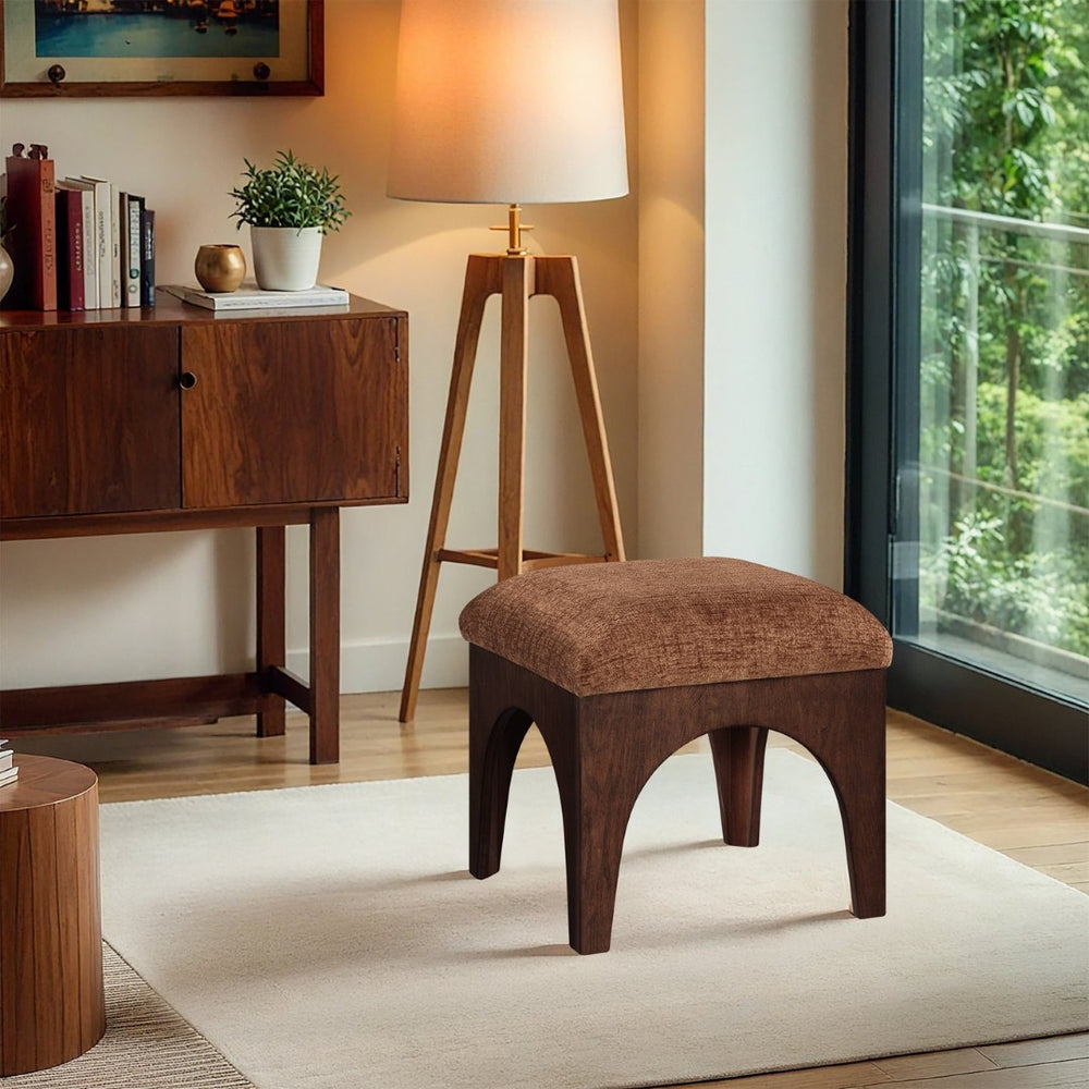 Meridian Furniture Lawson Art Deco Square Ottoman Cognac Chenille Upholstery with Oak Veneer Base 22033Cognac