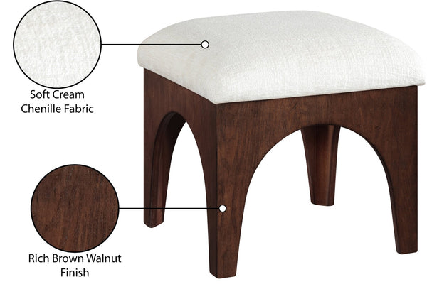Meridian Furniture Lawson Cream Chenille Tufted Ottoman with Walnut Oak Base Art Deco Accent Seat 22033Cream