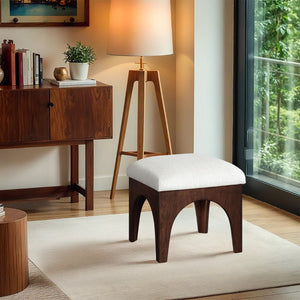 Meridian Furniture Lawson Cream Chenille Tufted Ottoman with Walnut Oak Base Art Deco Accent Seat 22033Cream