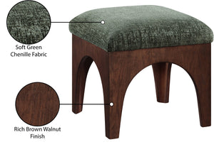 Meridian Furniture Lawson Art Deco Chenille Ottoman with Walnut Veneer Base for Living Room Accent 22033Green