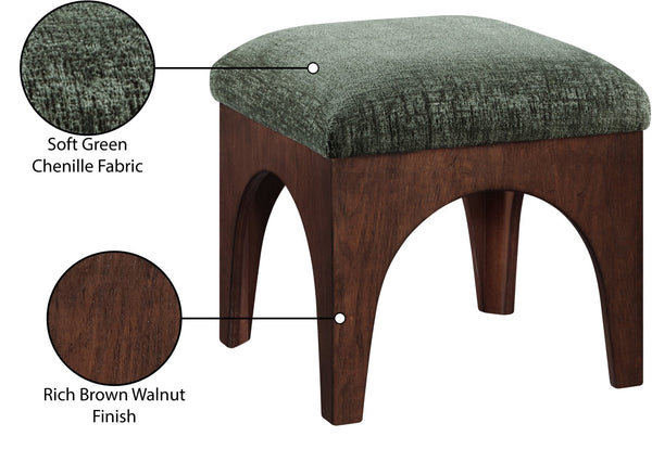 Meridian Furniture Lawson Art Deco Chenille Ottoman with Walnut Veneer Base for Living Room Accent 22033Green