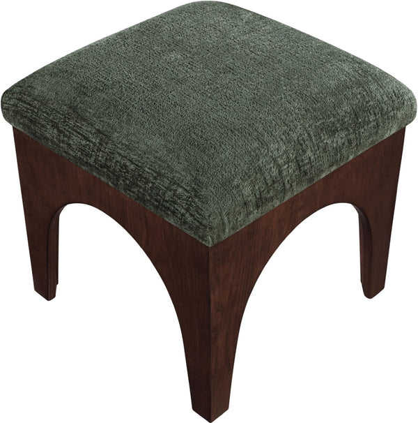 Meridian Furniture Lawson Art Deco Chenille Ottoman with Walnut Veneer Base for Living Room Accent 22033Green