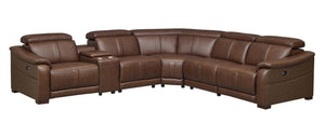 English Elm Leather Match Power Reclining Sectional with Storage Console and Adjustable Headrests Dark Brown B2748S00037