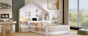 English Elm Full Size House Bed White Wood Frame with Drawers Shelves and Built in Usb Charging LT000423AAK-2