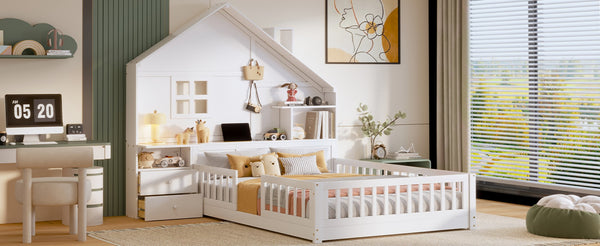 English Elm Full Size House Bed White Wood Frame with Drawers Shelves and Built in Usb Charging LT000423AAK-2