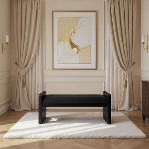 Meridian Furniture Sonia Art Deco Plush Velour Fur Upholstered Bench with Wood Base for Bedroom Entryway Black B 22038Black
