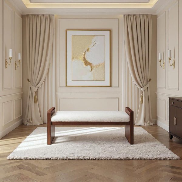 Meridian Furniture Sonia Art Deco Plush Velour Fur Upholstered Bench with Wood Base for Bedroom Entryway Cream C 22039Cream