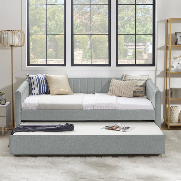 English Elm Twin Size Daybed With Trundle - Stylish Grey Linen Upholstered Sofa Bed With Vertical Stripes W1413S00089-GIGA
