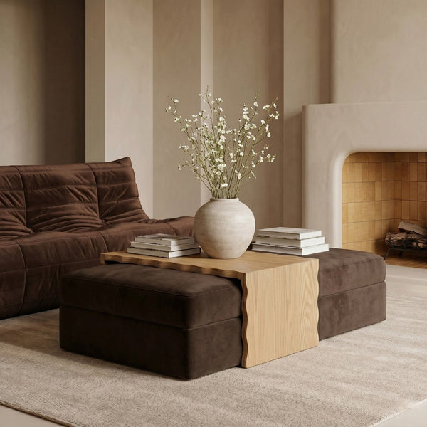 Meridian Furniture Woodra Velvet Ottoman Coffee Table Art Deco Plush Upholstered Living Room Accent Piece Brown Style 1 22040Brown-CT