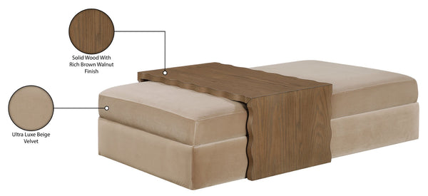 Meridian Furniture Woodra Velvet Ottoman Coffee Table Art Deco Plush Upholstered Living Room Accent Piece Beige Style 2 22041Beige-CT