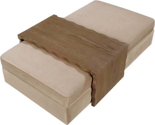 Meridian Furniture Woodra Velvet Ottoman Coffee Table Art Deco Plush Upholstered Living Room Accent Piece Beige Style 2 22041Beige-CT