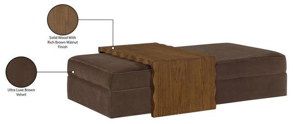 Meridian Furniture Woodra Velvet Ottoman Coffee Table Art Deco Plush Upholstered Living Room Accent Piece Brown Style 2 22041Brown-CT