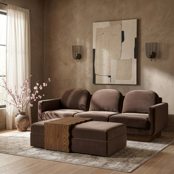 Meridian Furniture Woodra Velvet Ottoman Coffee Table Art Deco Plush Upholstered Living Room Accent Piece Brown Style 2 22041Brown-CT