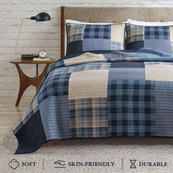 English Elm 3-piece Patchwork Cotton Quilt Set Navy Denim Plaid Coastal Bedroom Bedding B035P463257