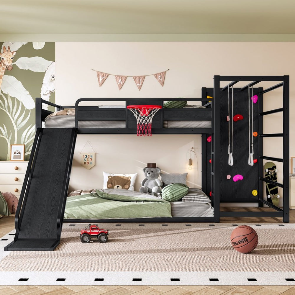 English Elm Twin Metal Loft Bed with Slide Basketball Hoop Climbing Wall and Built-in Shelves W1580S00343