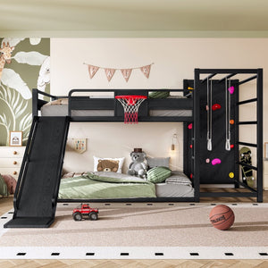 English Elm Twin Metal Loft Bed with Slide Basketball Hoop Climbing Wall and Built-in Shelves W1580S00343