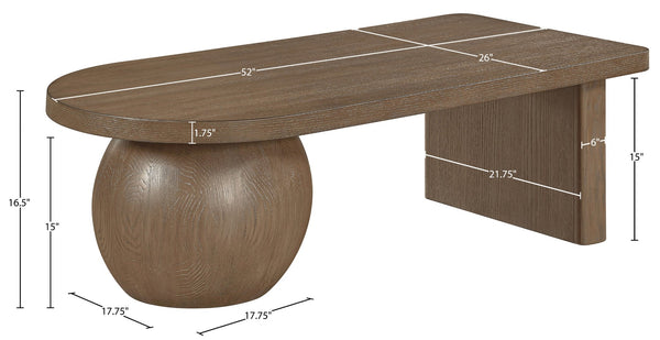 Meridian Furniture Solum Art Deco Ash Wood Coffee Table with Sculpted Sphere Base for Modern Living Room Brown 22050Brown-CT