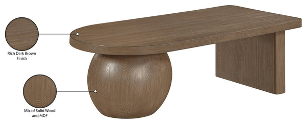 Meridian Furniture Solum Art Deco Ash Wood Coffee Table with Sculpted Sphere Base for Modern Living Room Brown 22050Brown-CT