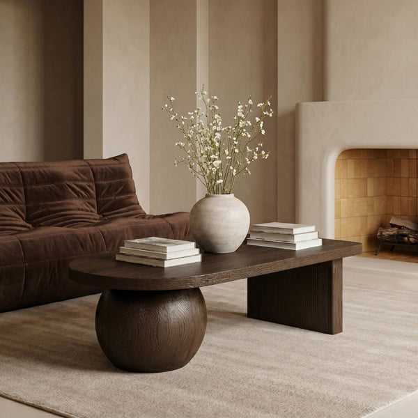 Meridian Furniture Solum Art Deco Ash Wood Coffee Table with Sculpted Sphere Base for Modern Living Room Brown 22050Brown-CT