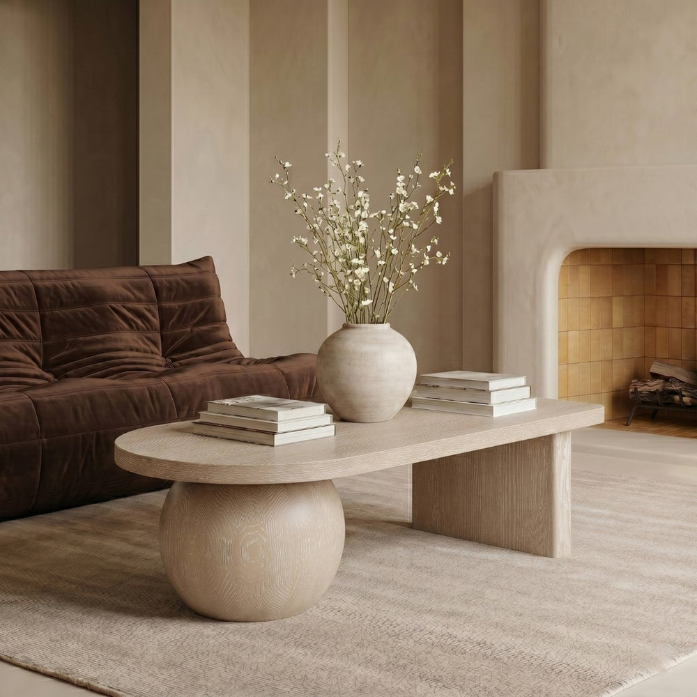 Meridian Furniture Solum Art Deco Ash Wood Coffee Table with Sculpted Sphere Base for Modern Living Room Natural 22050Natural-CT