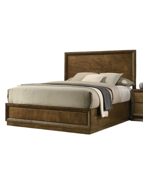 English Elm Strong Walnut Panel Bed Full Size Carved Headboard Transitional Rubberwood Bedroom Frame B2741S00214