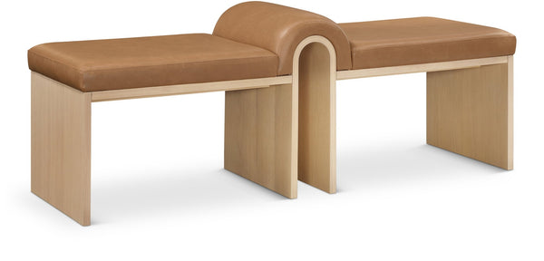Meridian Furniture Delphine Vegan Leather Upholstered Bench with Oak Veneer Base for Bedroom or Entryway Cognac Style A 22054Cognac