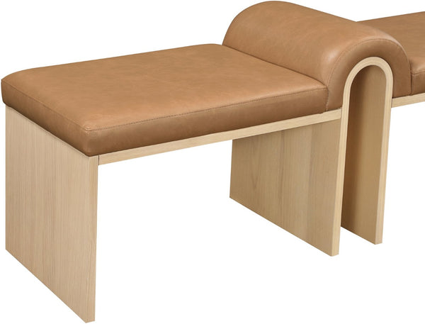Meridian Furniture Delphine Vegan Leather Upholstered Bench with Oak Veneer Base for Bedroom or Entryway Cognac Style A 22054Cognac