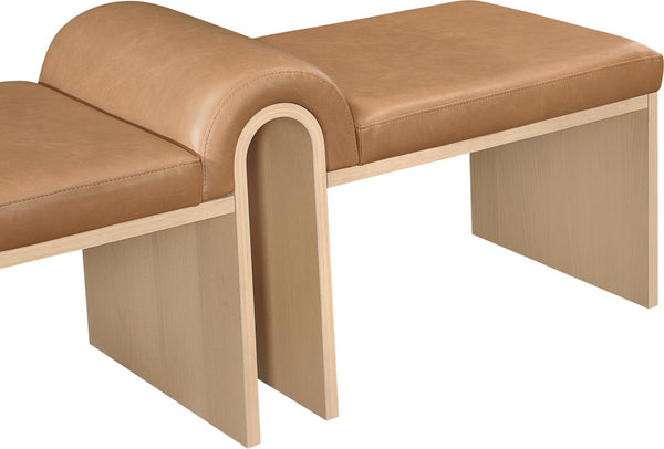 Meridian Furniture Delphine Vegan Leather Upholstered Bench with Oak Veneer Base for Bedroom or Entryway Cognac Style A 22054Cognac
