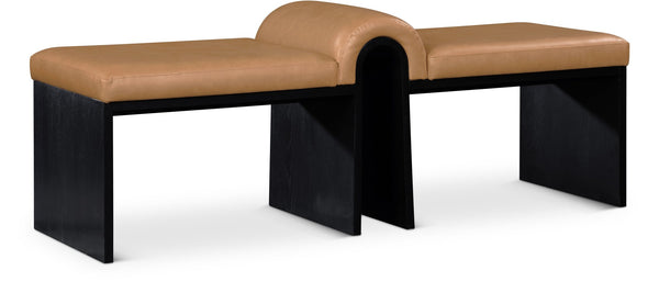 Meridian Furniture Delphine Vegan Leather Upholstered Bench with Oak Veneer Base for Bedroom or Entryway Cognac Style B 22055Cognac