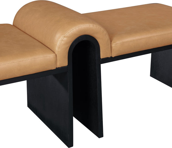 Meridian Furniture Delphine Vegan Leather Upholstered Bench with Oak Veneer Base for Bedroom or Entryway Cognac Style B 22055Cognac