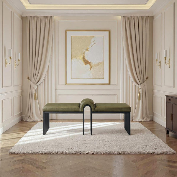 Meridian Furniture Delphine Vegan Leather Upholstered Bench with Oak Veneer Base for Bedroom or Entryway Olive Style B 22055Olive