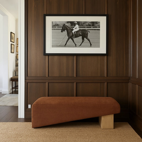Meridian Furniture Alora Art Deco Upholstered Bench with Sculptural Wood Base for Bedroom or Entryway Use Cognac 22057 22057Cognac