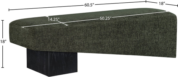 Meridian Furniture Alora Art Deco Upholstered Bench with Sculptural Wood Base for Bedroom or Entryway Use Green 22058 22058Green