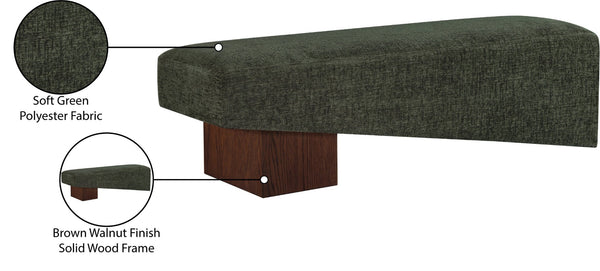 Meridian Furniture Alora Art Deco Upholstered Bench with Sculptural Wood Base for Bedroom or Entryway Use Green 22059 22059Green