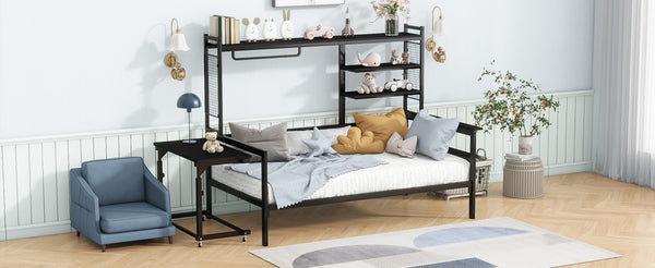 English Elm Twin Metal Daybed With Movable Desk, Shelves, Clothes Hanger & Industrial Design For Small Spaces N737P199195B-GIGA