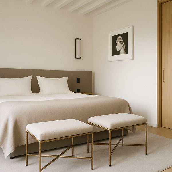Meridian Furniture Valley Chenille Upholstered Accent Bench with Brushed Brass Iron Legs for Bedroom Entry 22061Cream
