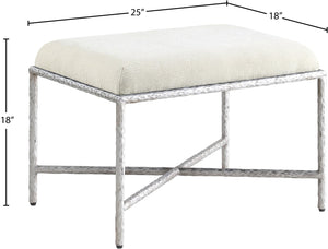Meridian Furniture Valley Chenille Upholstered Bench with Brushed Silver Iron Frame for Bedroom Entry 22062Cream
