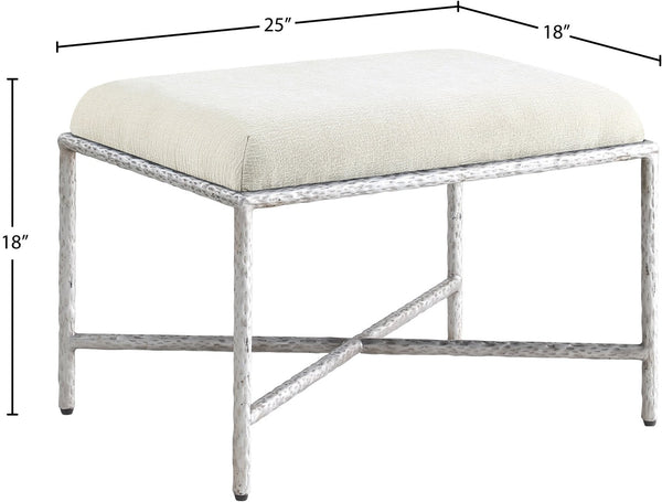 Meridian Furniture Valley Chenille Upholstered Bench with Brushed Silver Iron Frame for Bedroom Entry 22062Cream