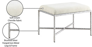 Meridian Furniture Valley Chenille Upholstered Bench with Brushed Silver Iron Frame for Bedroom Entry 22062Cream